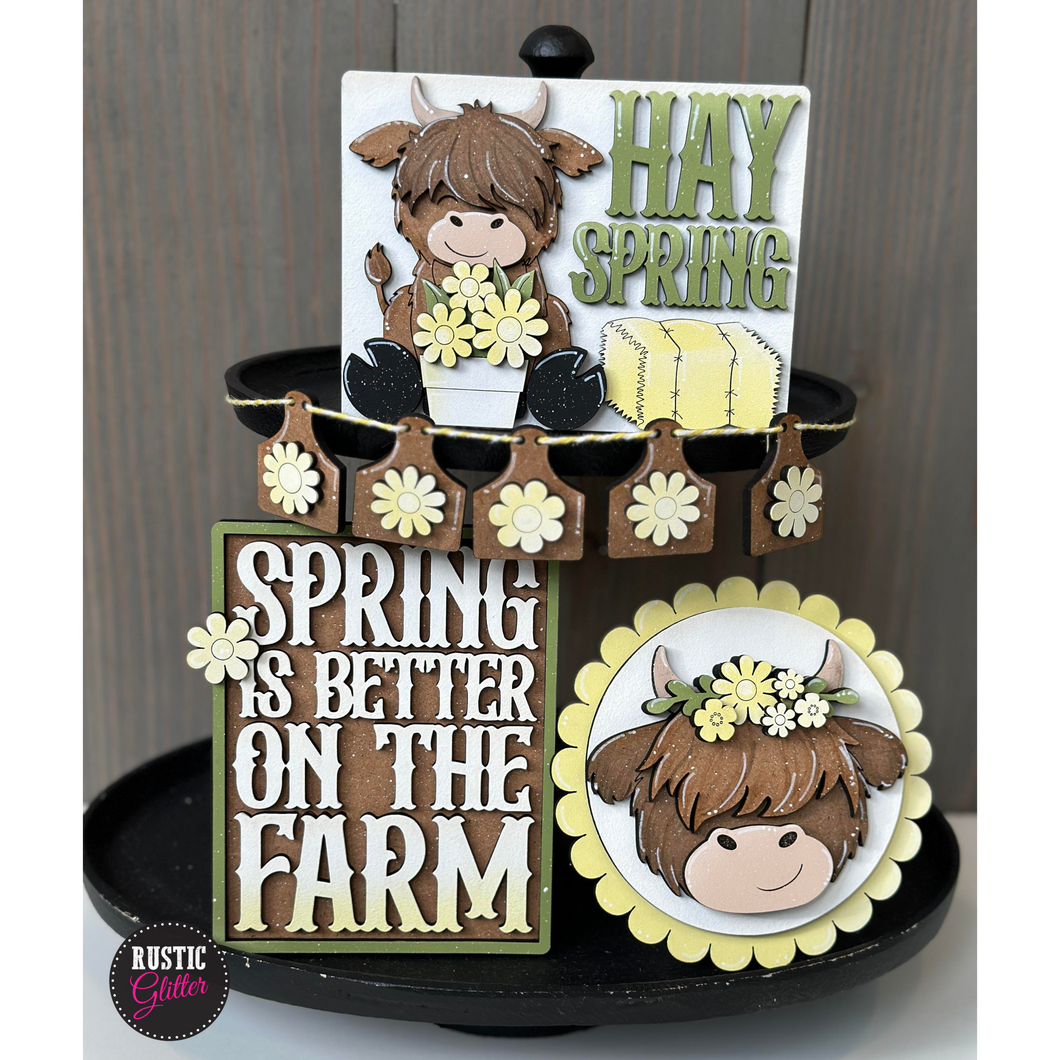 Spring Highland Cow Tiered Tray | DIY Kit | Unfinished