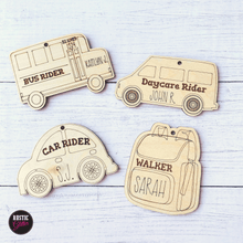 Load image into Gallery viewer, School Backpack Tags | Personalized  | Bus Rider, Walker, Car Rider, Daycare Rider
