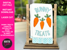 Load image into Gallery viewer, Bunny Treats Interchangeable Decorative Wood Tea Towel or Blanket File | SVG CUT FILE

