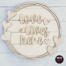 Load image into Gallery viewer, Love Lives Here Valentines Round Door Hanger | Craft Kit | Unfinished

